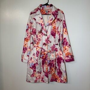 Chico's Ikat Floral Removable Hood Rain Trench Coat